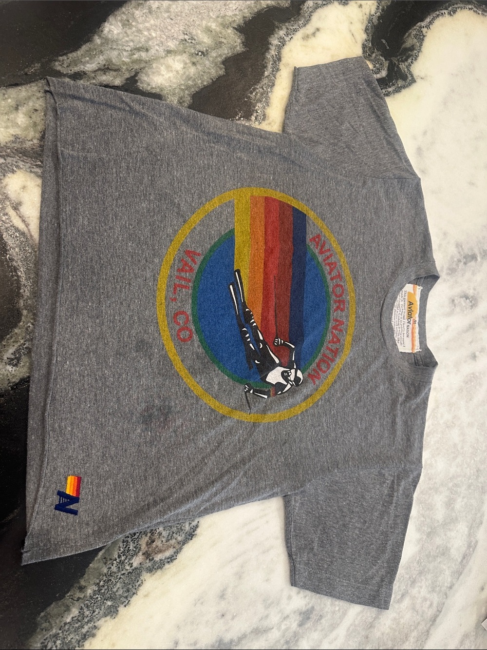Aviator Nation Heather Gray Tee with Rainbow Pilot Graphic- Medium